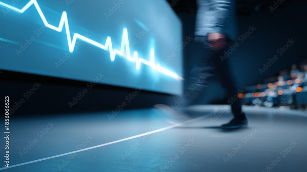 Fototapeta premium Blurred person walking in front of large digital screen displaying glowing heartbeat line in dark modern interior space