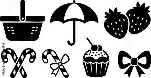 Picnic basket umbrella strawberries candy canes cupcake bow vector icons set 