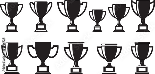 Ten black trophy cups arranged in two rows of five on a white background
