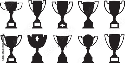 Ten black trophy cups with different handle and base on a white background