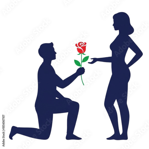 Silhouette of man proposing with rose to woman on white background proposal