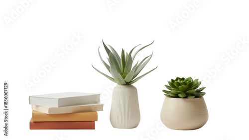 Stack of books with potted plants isolated on a transparent background