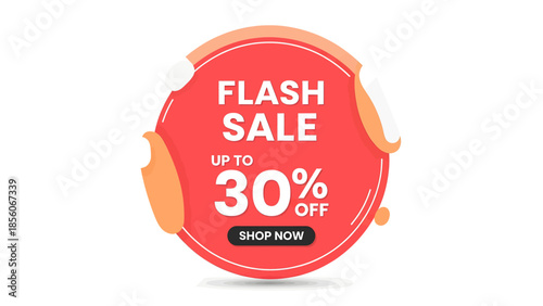A red circular flash sale badge offering up to 30% off with a 'Shop Now' call to action, featuring abstract orange and white decorative elements.