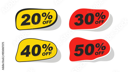 A set of four colorful promotional discount tags with various percentage off offers, including 20%, 30%, 40%, and 50%.