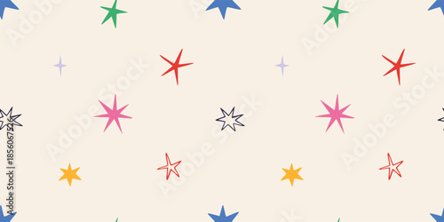 Seamless pattern with colorful quirky stars, bright decoration for holidays and parties. Trendy vector illustration on a light background, hand drawn, flat design