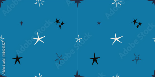 Seamless pattern with quirky stars, night sky and space concept. Trendy vector illustration on dark blue background, hand drawn, flat design