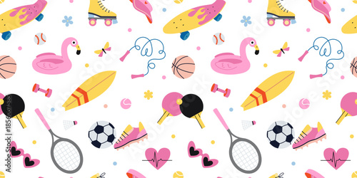 Seamless pattern with summer sport, surfing, skating, tennis and beach activities. Bright background for active lifestyle and recreation themes. Trendy vector illustration, hand drawn, flat design