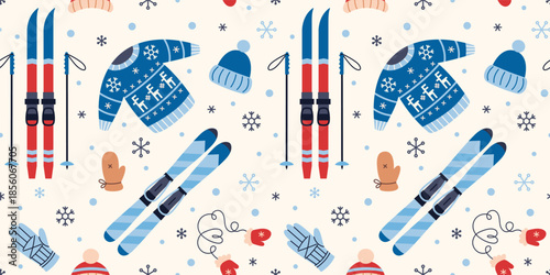 Seamless pattern with skiing equipment and clothing for winter sport, outdoor activity and seasonal recreation. Trendy vector illustration on a light background, hand drawn, flat design