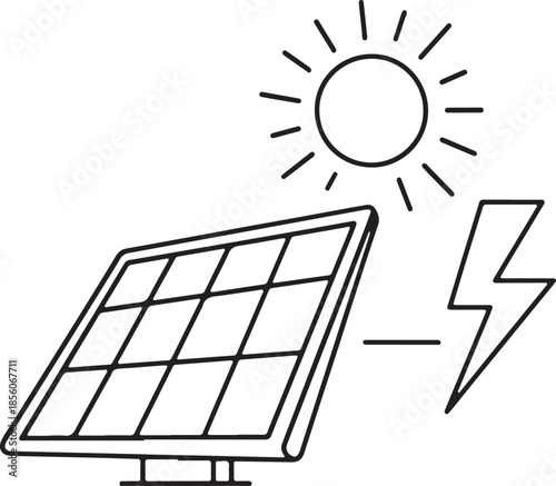Solar Panel Sun and Lightning Bolt Icon on White Background electricity energy