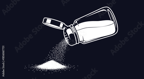 Salt shaker pouring a pile of white grains onto a dark surface, creating a stark contrast in this food illustration.