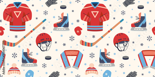 Seamless pattern with ice hockey equipment and uniform elements for winter team sport and competition themes. Trendy vector illustration on a light background, hand drawn, flat design