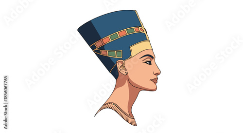 Artistic profile illustration of the ancient Egyptian queen Nefertiti wearing a colorful traditional headdress on a white background.
