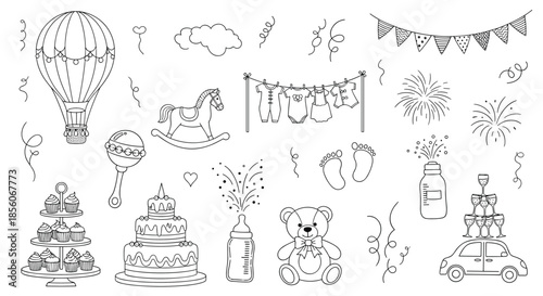 Baby shower and children birthday celebration sketches featuring a hot air balloon, teddy bear, rocking horse, and cake.