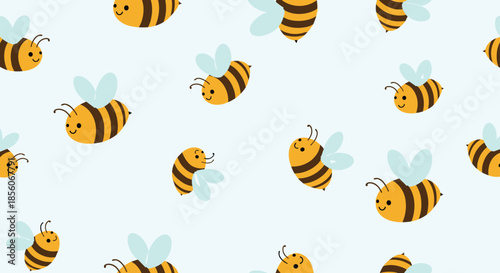 Cute seamless pattern of happy cartoon bumble bees flying on a soft light blue background for nursery or fabric design.
