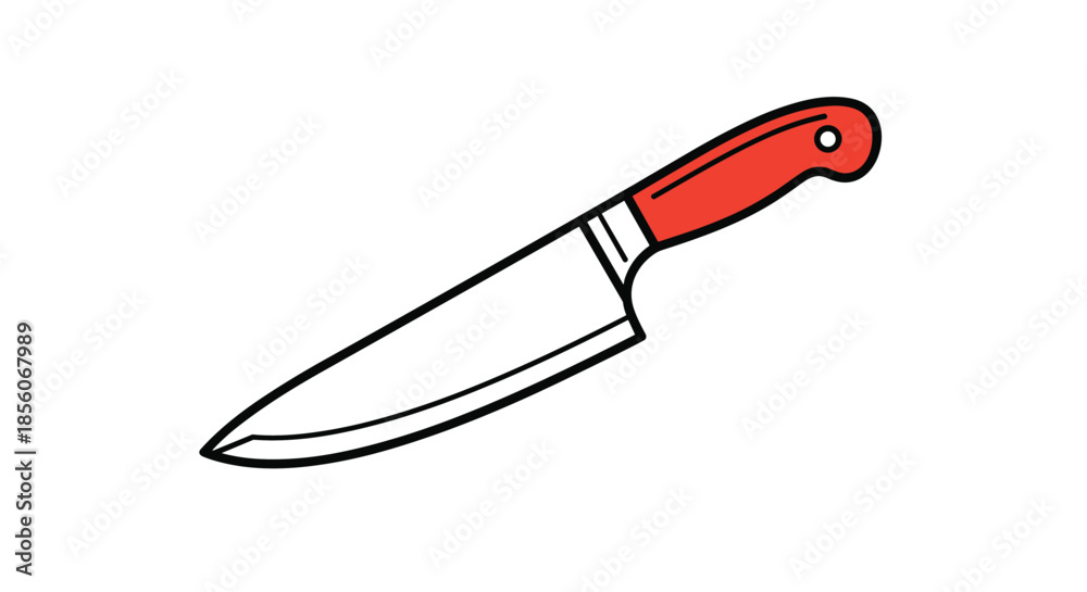 Obraz premium Professional chef kitchen knife with sharp steel blade and bright red ergonomic handle isolated on white for culinary or cooking themes.