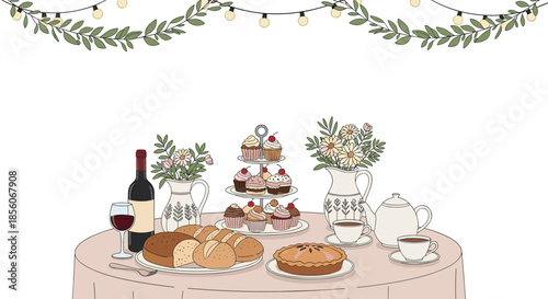 Charming illustration of a tea party table with tiered cupcakes, wine, bread, pie, teapot, and flowers under a leafy garland with lights.