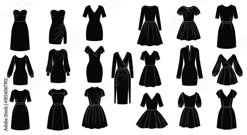 Large assortment of various women's dress silhouettes in solid black featuring different lengths, sleeve styles, and necklines.
