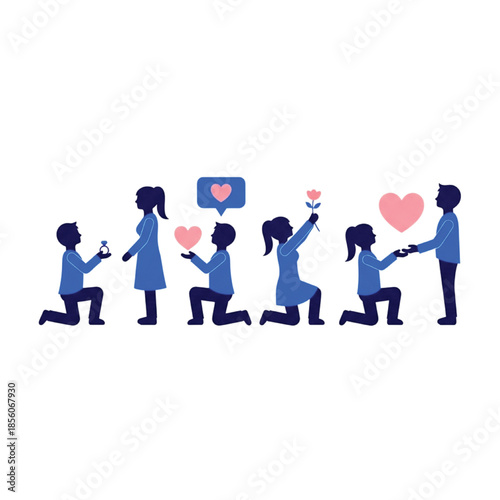 Silhouettes of Couples in Romantic Gestures on White Background Keywords: couple, love, romance