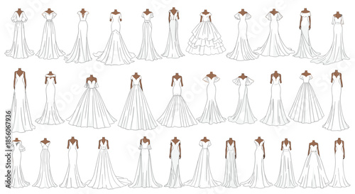 Large variety of elegant wedding dress sketches in various silhouettes and styles including ballgown, mermaid, and A-line.