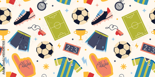 Seamless pattern with soccer equipment and fan accessories. Sport items like ball, jersey, field and uniform. Trendy vector illustration on a light background, hand drawn, flat design