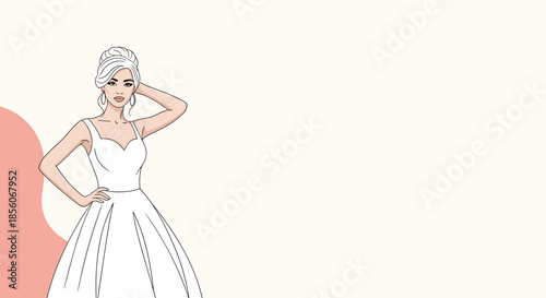 Stylish illustration of a beautiful bride in a white wedding gown posing with her hand behind her head in a banner format.