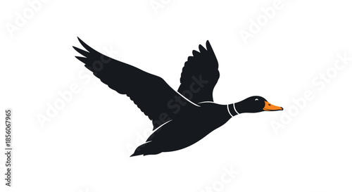Solid black silhouette of a mallard duck in flight with an orange beak showing its wing span against a white background.
