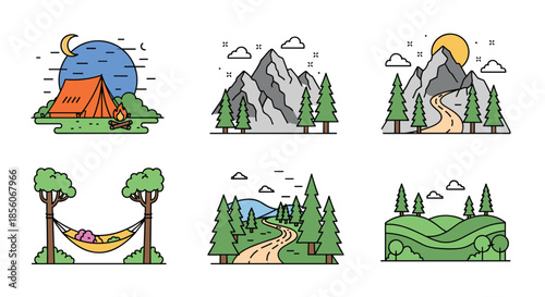 Set of six colorful line art scenes depicting outdoor adventures including camping, mountain roads, hiking paths, and a hammock in the forest.