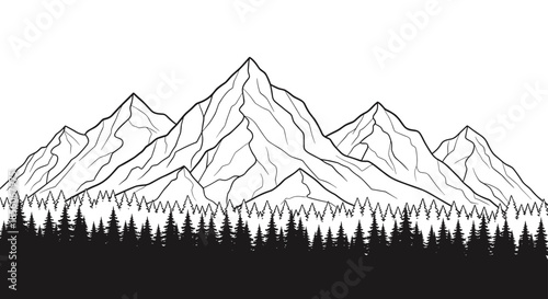 Scenic black and white illustration of a jagged mountain range overlooking a dense pine forest in the foreground.