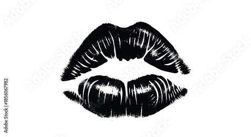 Detailed black lipstick kiss mark with realistic texture on white background for fashion and romantic themed graphic design projects.