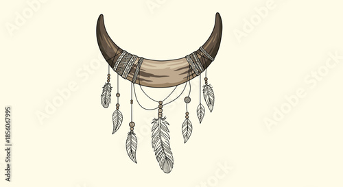 Detailed artistic illustration of a large bull horn decorated with tribal ethnic patterns and hanging feathers on a light cream background.