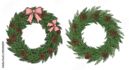 Two festive christmas wreaths made of evergreen branches and pine cones decorated with soft pink ribbon bows.
