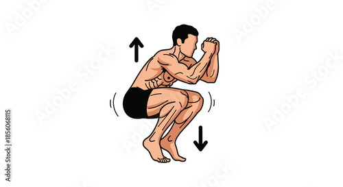 Muscular man performing jump squat exercise with arrows indicating upward and downward movement for workout guide.