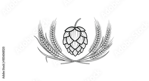 Hand drawn engraving style illustration of hop cone surrounded by wheat ears for beer labels and bakery logos.