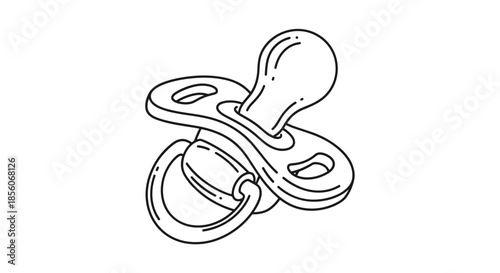 Simple black and white line drawing of baby pacifier or dummy isolated on clean white background for child care.