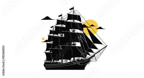 Large vintage wooden sailing ship with many sails and rigging sailing against a sun and cloud background scene.