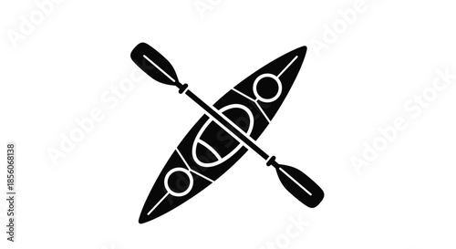 Black silhouette of kayak boat with crossed double blade paddle isolated on white background for outdoor sports.