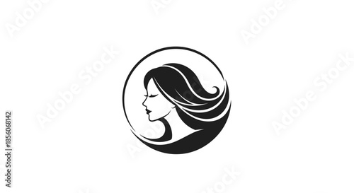Stylized profile of woman with long flowing hair enclosed within a circular frame for hair salon and beauty logo.