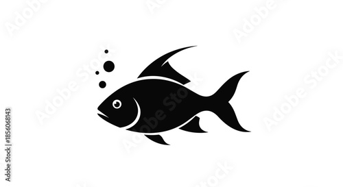 Minimalist black silhouette of fish swimming with air bubbles isolated on plain white background for fishing logos.