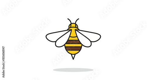 Colorful illustration of honey bee with yellow and brown stripes and translucent wings on a white background.