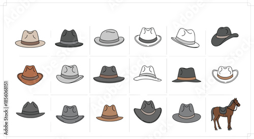 Large selection of various hat styles including fedoras and cowboy hats alongside a brown horse illustration.