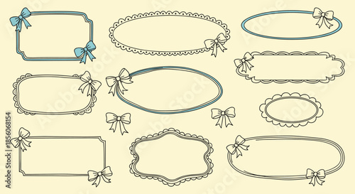Collection of ornate hand drawn frames and labels decorated with bows in a vintage style for greeting cards.