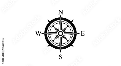Classic black and white compass rose showing cardinal directions north south east and west for map navigation.
