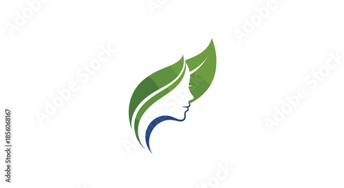 Creative logo design featuring woman's profile silhouette merged with vibrant green leaves for wellness brands.
