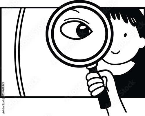 Cartoon child looking through magnifying glass, searching or inspecting, black and white line art illustration