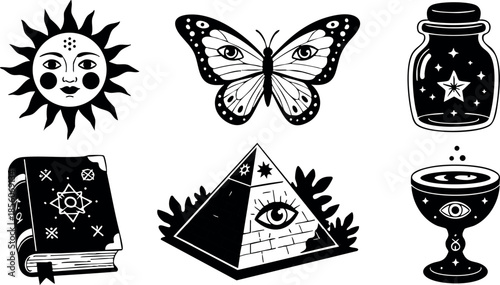 Mystical symbols collection with sun, butterfly, jar, book, pyramid, and chalice vector illustration 
