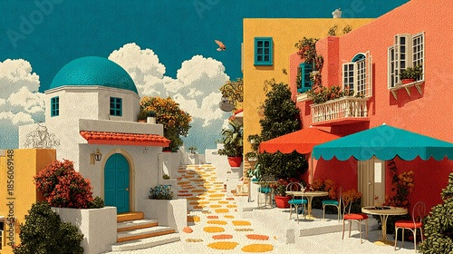 Whitewashed Mediterranean architecture with blue dome, vibrant flowers, and outdoor cafes building photo