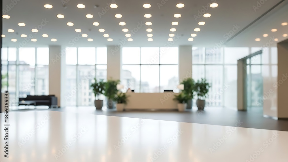 Fototapeta premium Modern Office Interior with Reception Desk and Plants in Bright Daylight Viewed from Workspace Perspective
