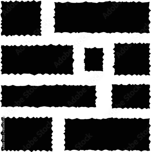 Black vector rough edge rectangles. Grunge square frames set. Jagged edge torn paper background collection. Paint brush strokes. Grungy distressed text boxes. Transparent background EPS version.