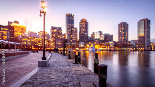 Conceptual image of Boston in Massachusetts, USA at night showcasing its architecture and night life.