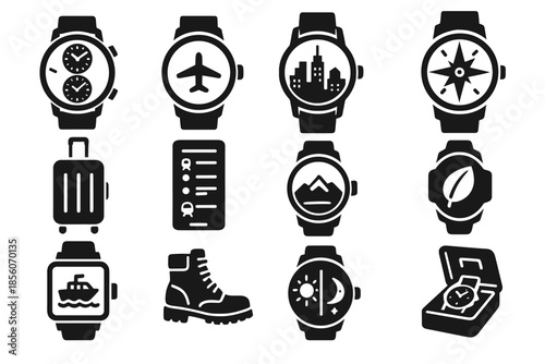 Vector travel mountain zone train compass eco packaging icon watch boat